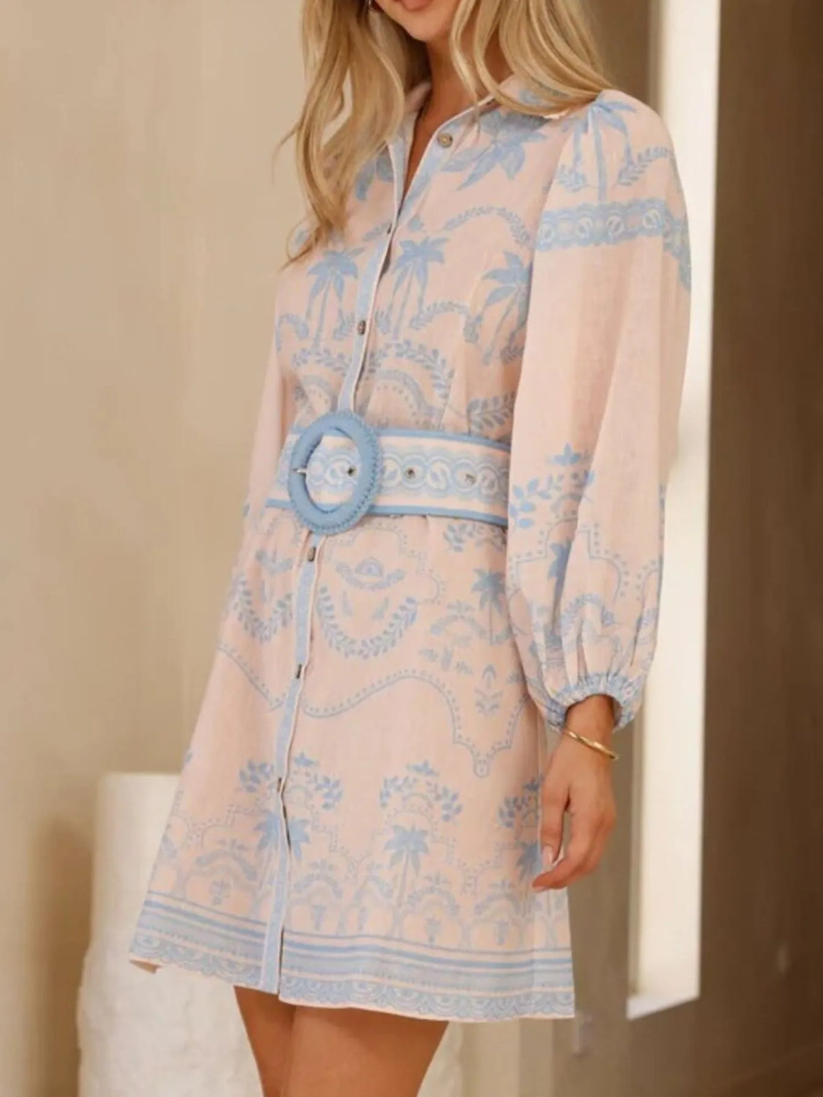 Printed Button Down Shirt Dress with Belt