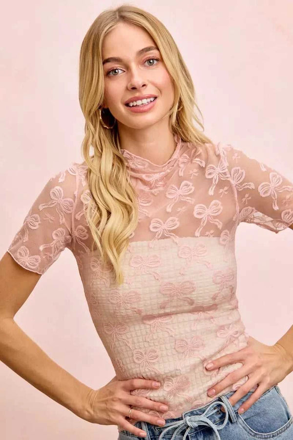 BiBi High Neckline Short Sleeves Bow Pattern Mesh Top 100100195641471 30 Affordable Fashion Under $100 Jerry's Apparel 