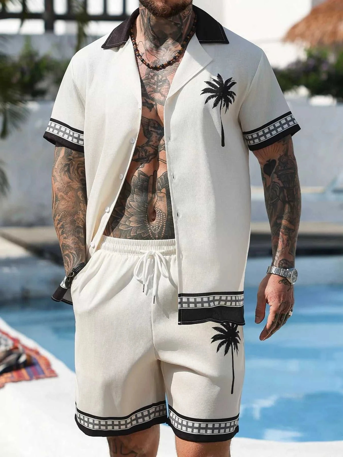 Men's Tropical Palm Tree Print Short Sleeve Shirt and Shorts Set 104001041094937 48 Affordable Fashion Under $100 Jerry's Apparel 