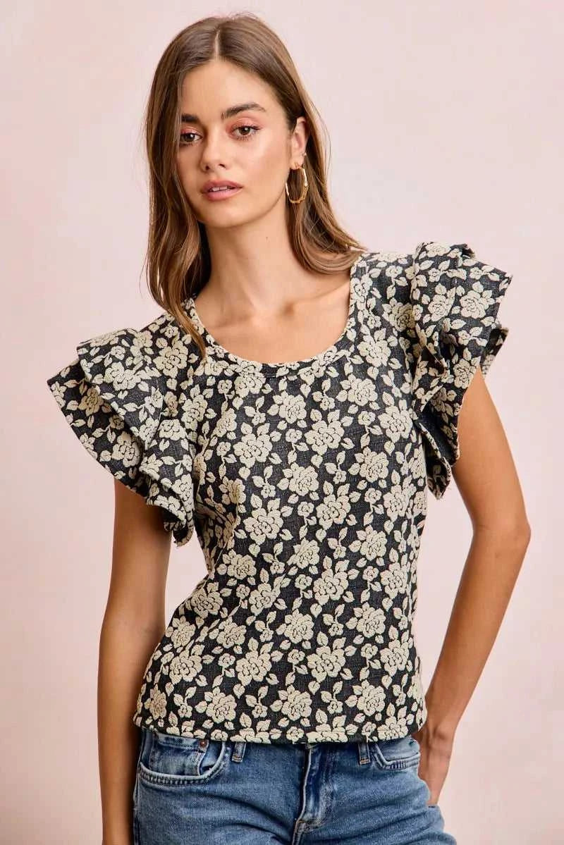 BiBi Floral Jacquard Ruffle Sleeves Knit Top 100100264791752 46 Affordable Fashion Under $100 Jerry's Apparel 