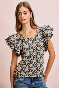 BiBi Floral Jacquard Ruffle Sleeves Knit Top 100100264791752 46 Affordable Fashion Under $100 Jerry's Apparel 