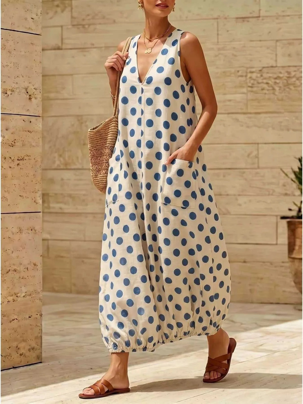 Polka Dot V-Neck Sleeveless Maxi Dress 100100165046334 32 Gifts for Her Jerry's Apparel 