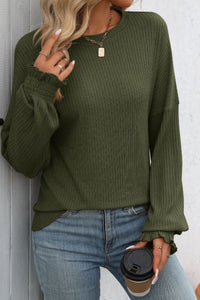 Ribbed Round Neck Long Sleeve T-Shirt