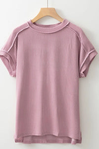 Casual Ribbed Short Sleeve Round Neck T-Shirt