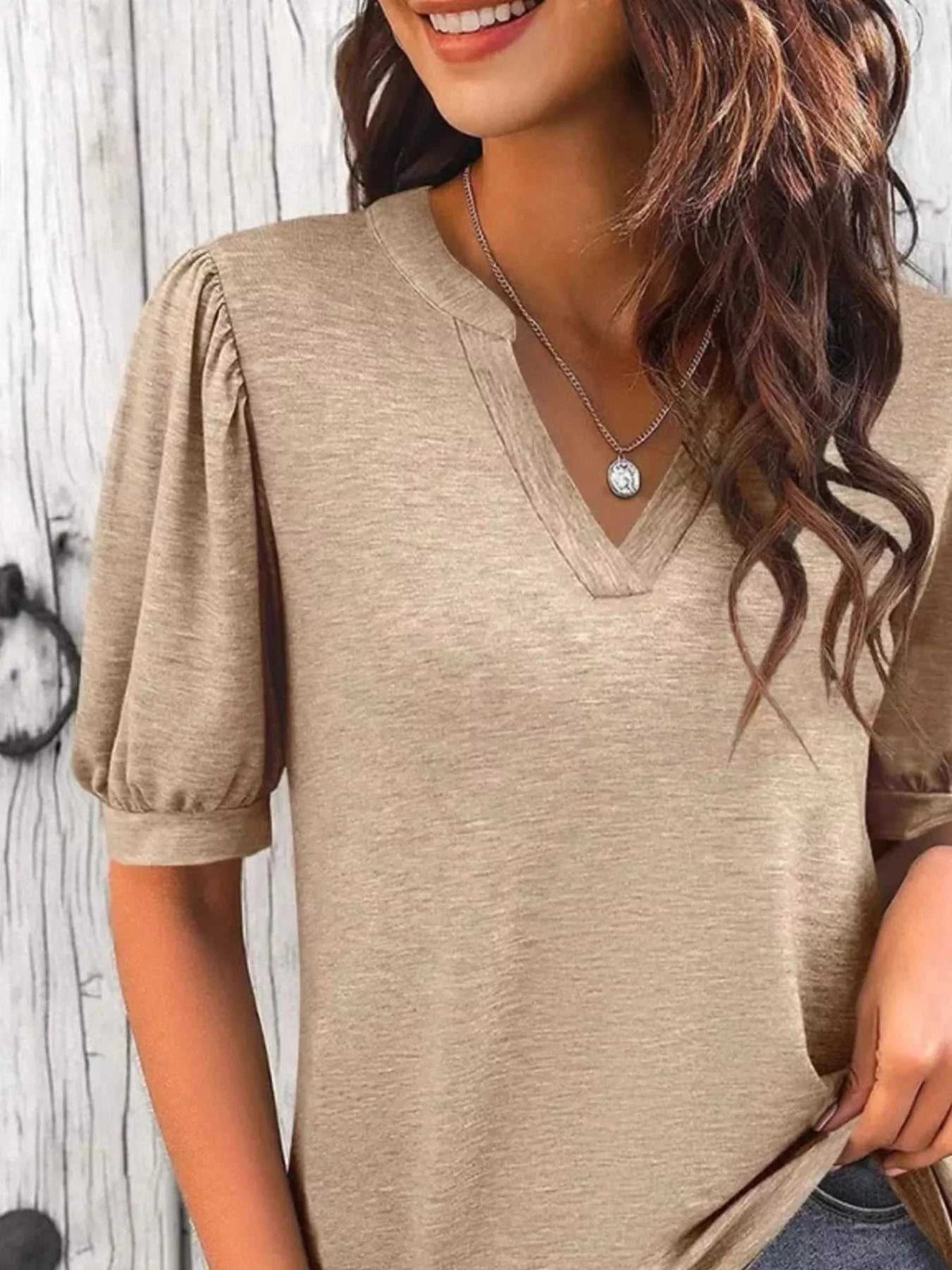 Puff Sleeve Notched Casual T-Shirt 100100978352776 23 Affordable Fashion Under $100 Jerry's Apparel 