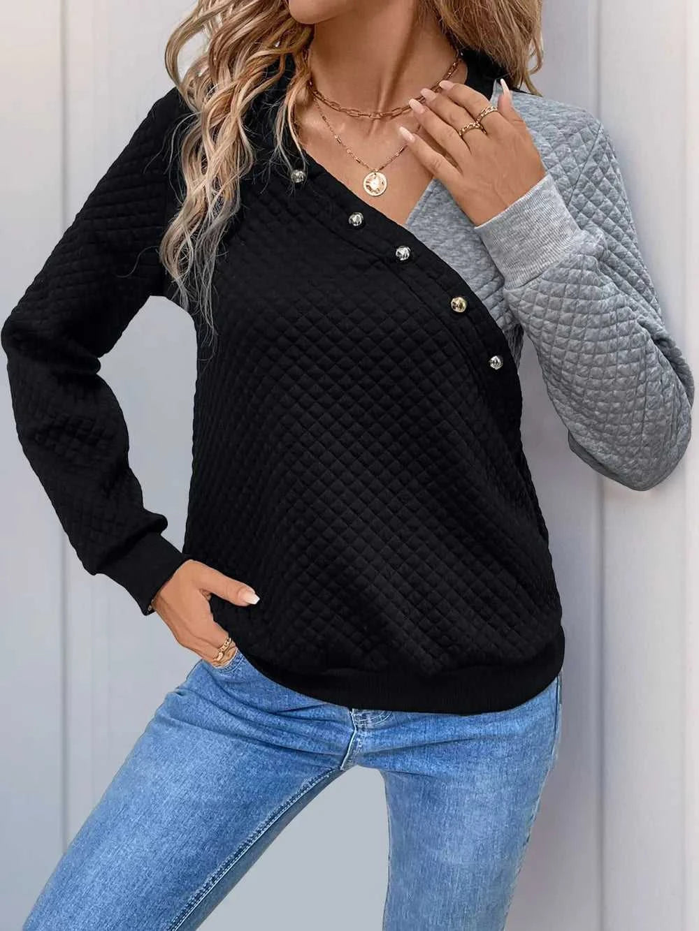 Perfee Decorative Button Contrast Long Sleeve Sweatshirt 100100555151325 26 Affordable Fashion Under $100 Jerry's Apparel 