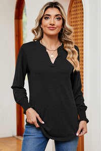 Smocked Notched Long Sleeve T-Shirt