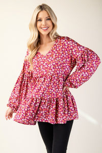 Celeste Full Size Floral V-Neck Balloon Sleeve Blouse