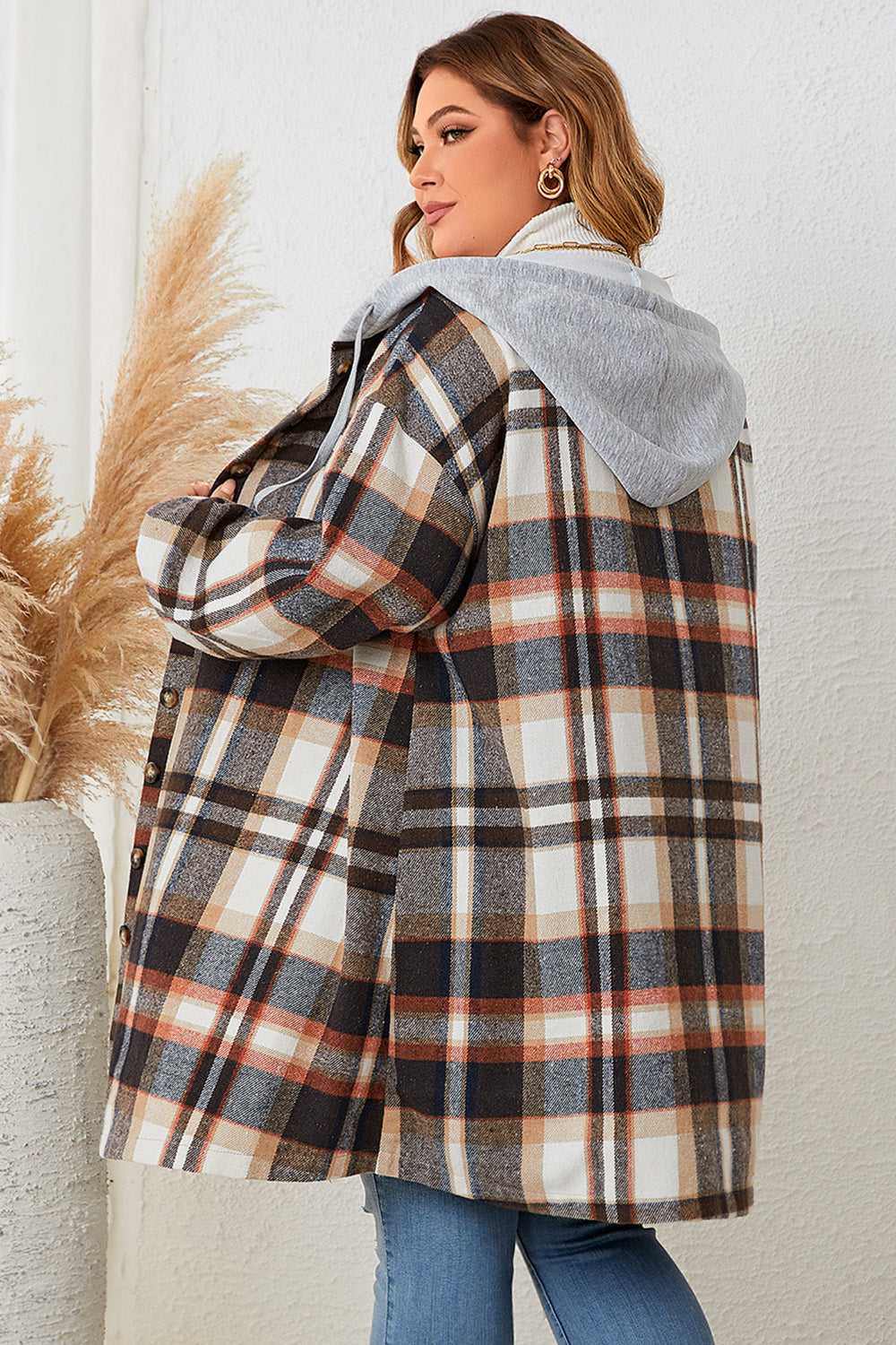 Honey Plus Size Plaid Drop Shoulder Hooded Coat 100100733937686 56 Affordable Fashion Under $100 Jerry's Apparel 