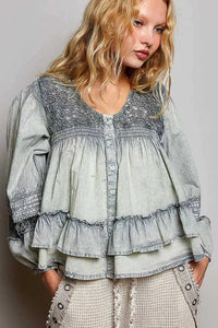 POL Washed Layered Lace Pintuck Flared Woven Blouse 100100275131459 59 Affordable Fashion Under $100 Jerry's Apparel 