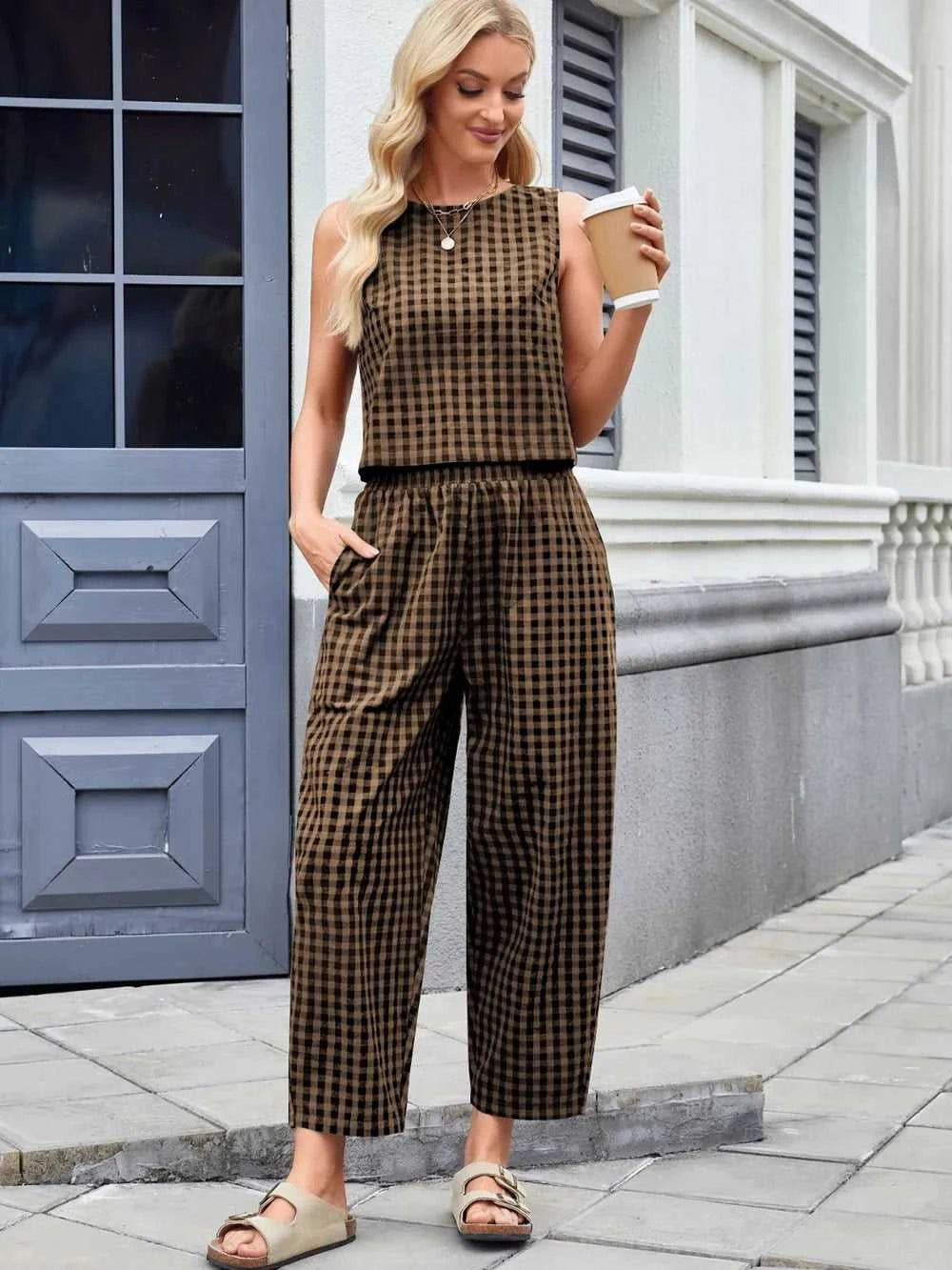 Plaid Sleeveless Top and Pants Set 100100045523661 39 Affordable Fashion Under $100 Jerry's Apparel 