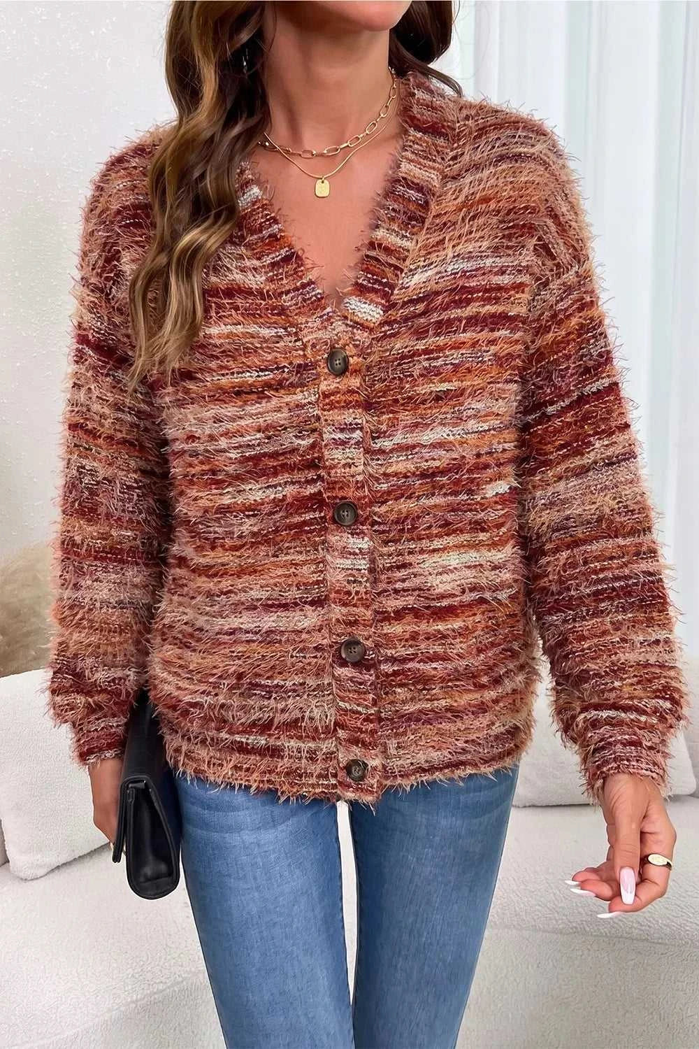 Fuzzy Striped Button Front Cardigan Sweater 100100382031613 39 Affordable Fashion Under $100 Jerry's Apparel 