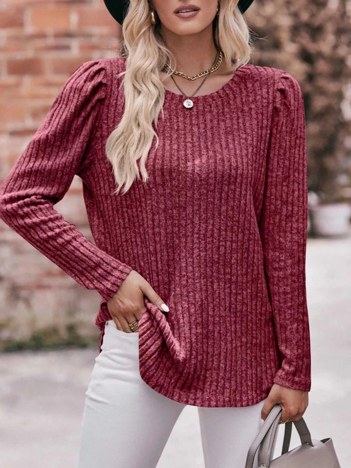 Ribbed Knit Puff Sleeve T-Shirt 100100962471478 28 Affordable Fashion Under $100 Jerry's Apparel 