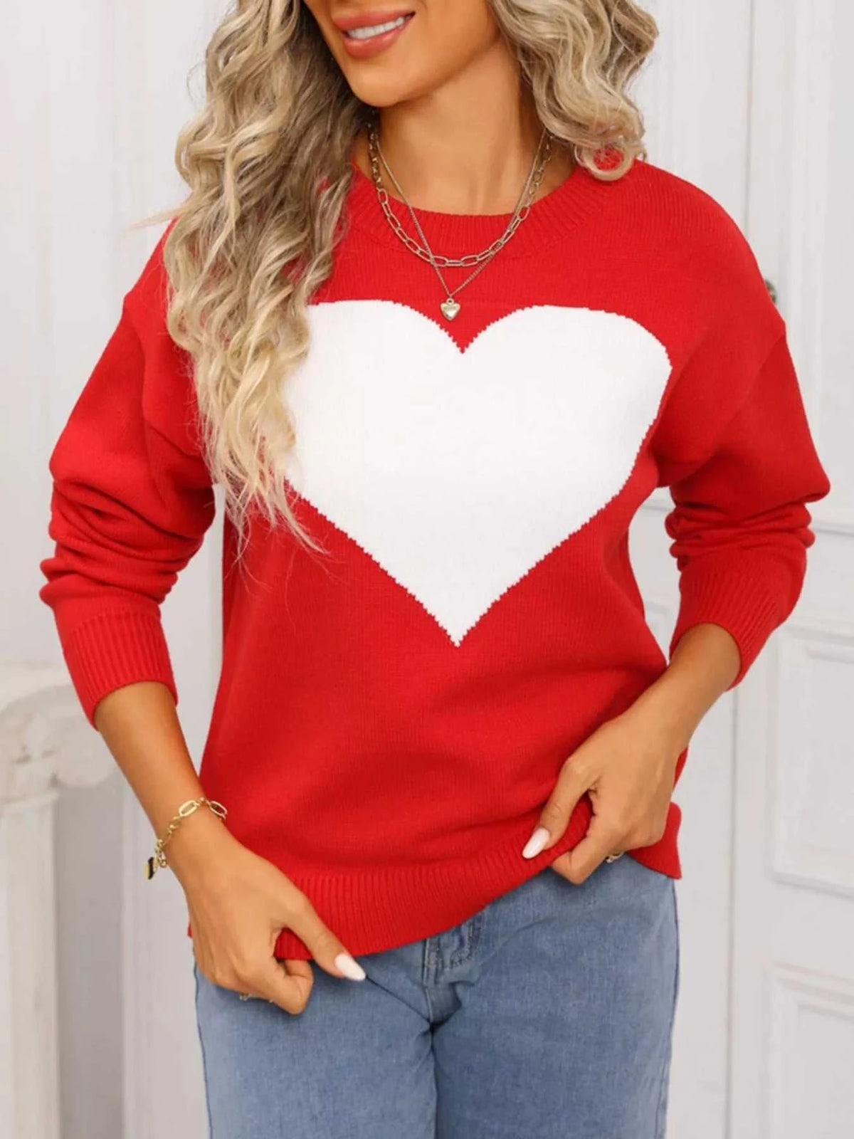 Valentine's Day Heart Round Neck Dropped Shoulder Sweater 100100320895258 49 Affordable Fashion Under $100 Jerry's Apparel 