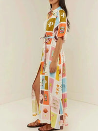 Colorful Print Tie Waist Maxi Shirt Dress