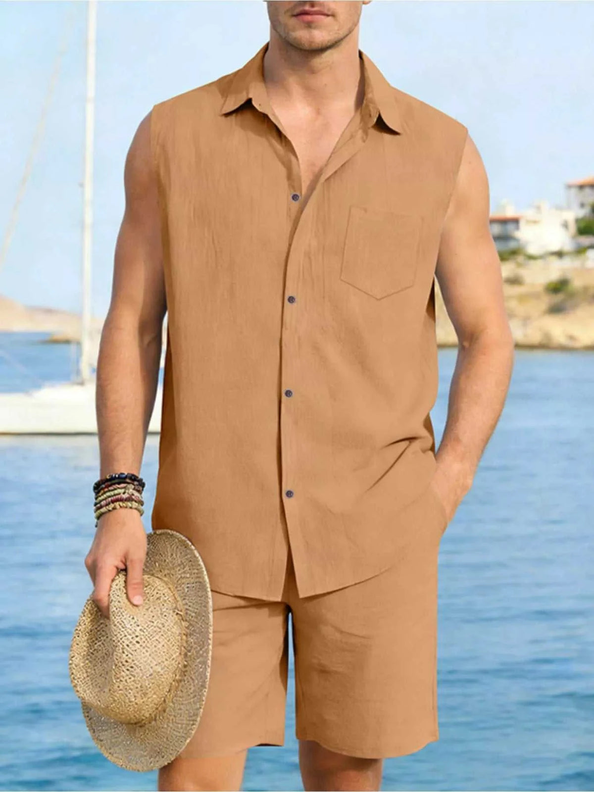 Men's Full Size Button Up Sleeveless Top and Shorts Plus Size 100400363418053 40 Men's Sets Jerry's Apparel 