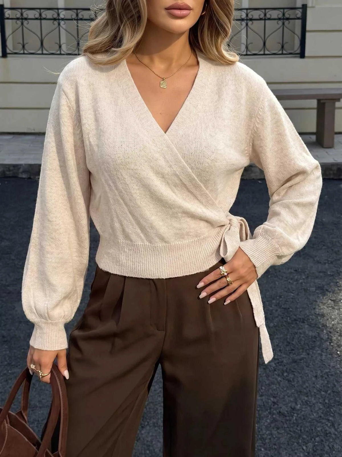 Tied Surplice Long Sleeve Sweater 100100102140940 38 Women's Sweaters and Knitwear Jerry's Apparel 