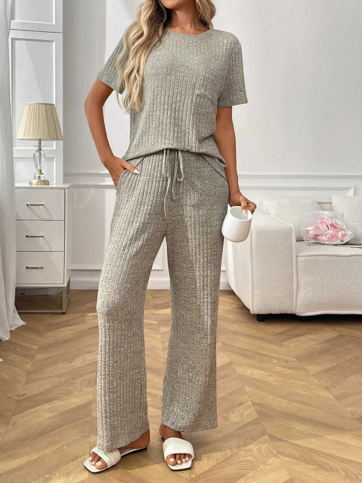 Ribbed Knit Short Sleeve Top and Pants Lounge Set 100100838010625 40 Affordable Fashion Under $100 Jerry's Apparel 