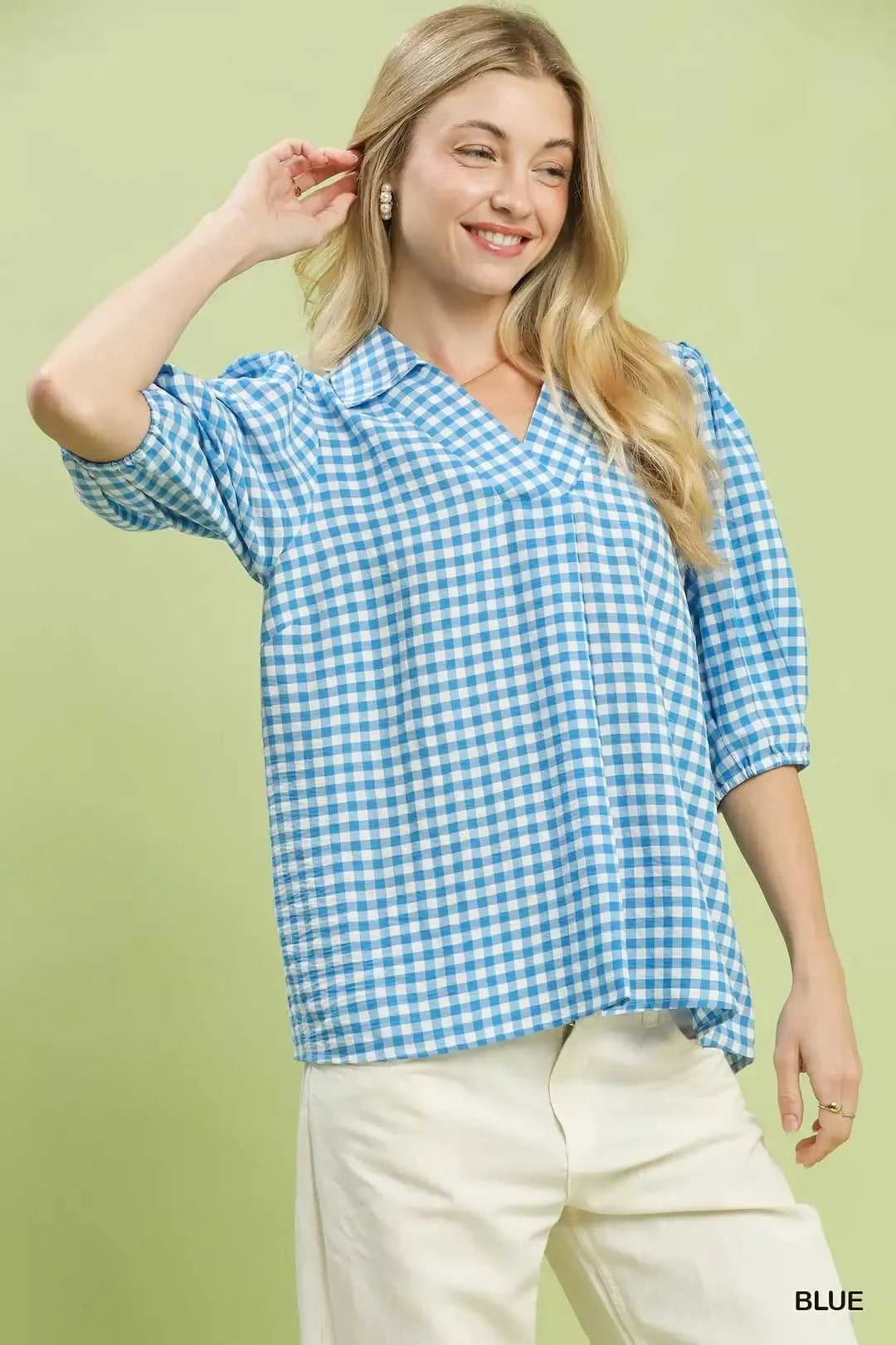 Umgee Gingham Puff Sleeve Collared Blouse 100100241201981 45 Affordable Fashion Under $100 Jerry's Apparel 