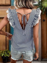 Perfee Lace Detail Ruffled Striped V-Neck Cap Sleeve Blouse 100100704281779 27 Affordable Fashion Under $100 Jerry's Apparel 