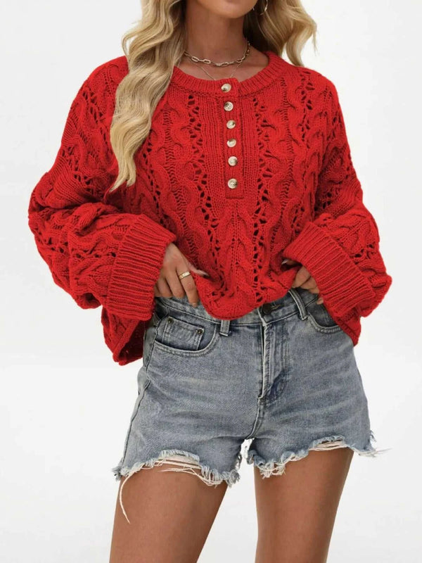 Chic Cable Knit Half-Button Openwork Sweater 100100449594474 54 Affordable Fashion Under $100 Jerry's Apparel 