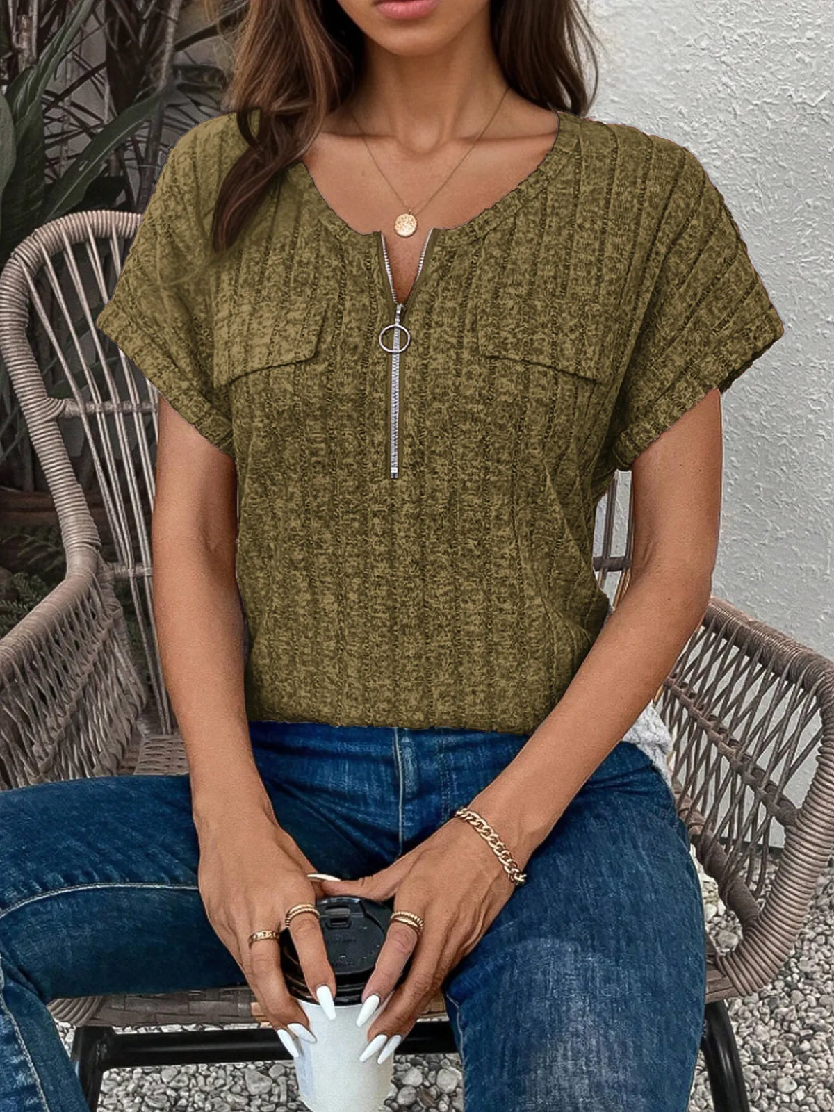 Zip-Front Short Sleeve T-Shirt