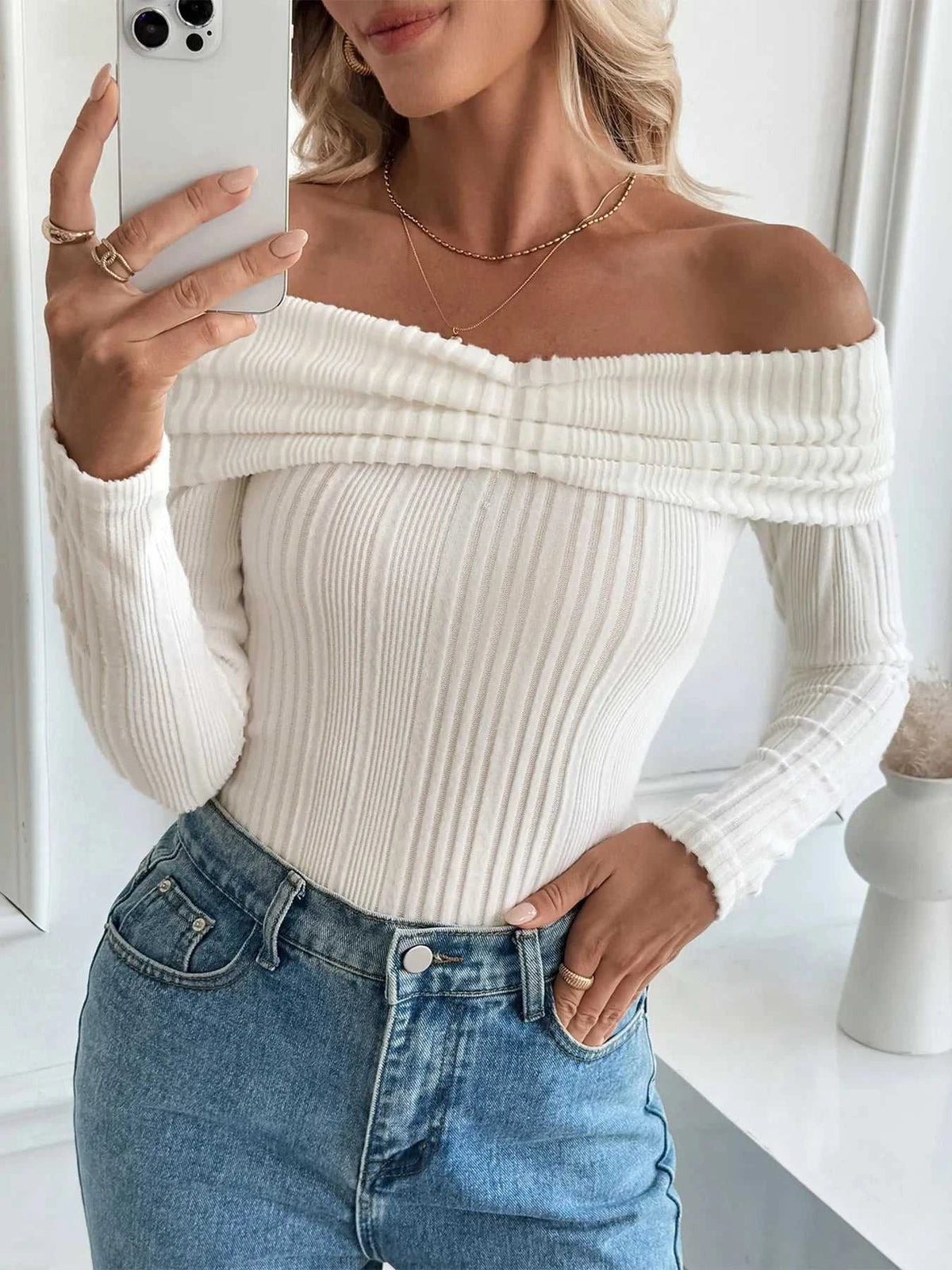 Off-Shoulder Ribbed Knit Top 100100952823290 30 Affordable Fashion Under $100 Jerry's Apparel 