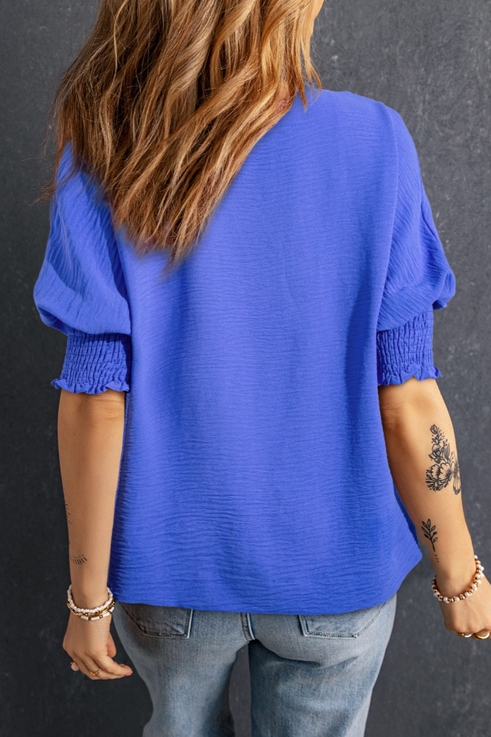 Smocked Johnny Collar Half Sleeve Blouse