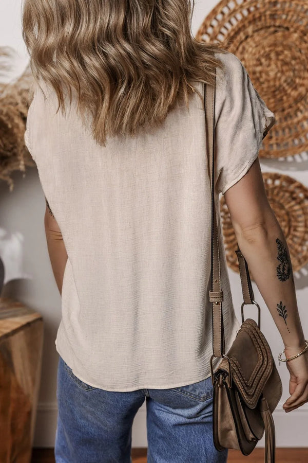 Geometric Embroidered Short Sleeve Tassel Tie Neck Blouse