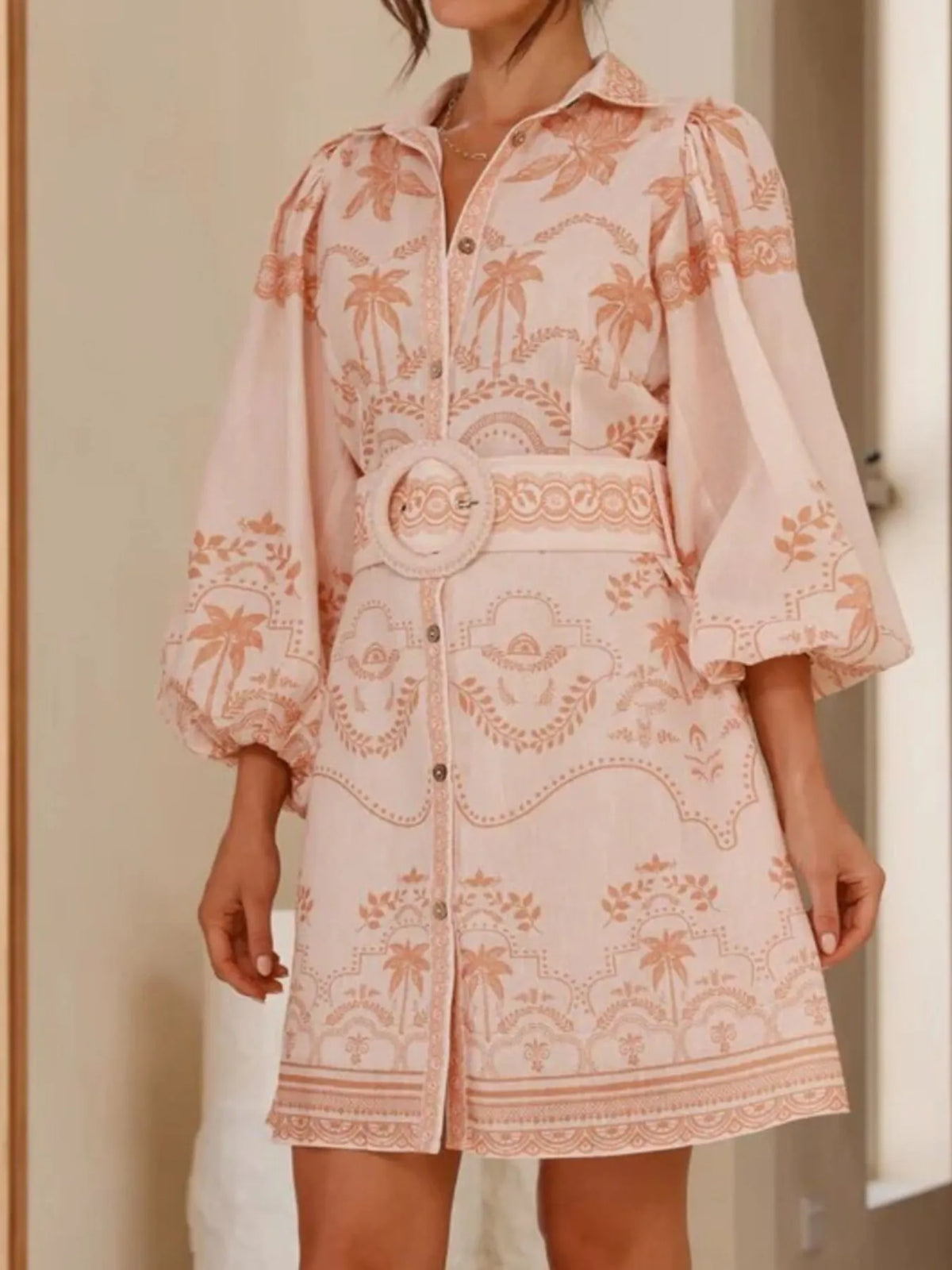Printed Button Down Shirt Dress with Belt