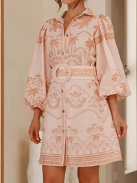 Printed Button Down Shirt Dress with Belt