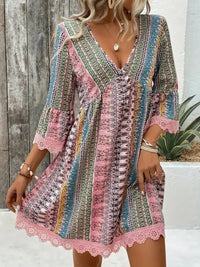 Lace Trim Printed V-Neck 3/4 Sleeve Dress