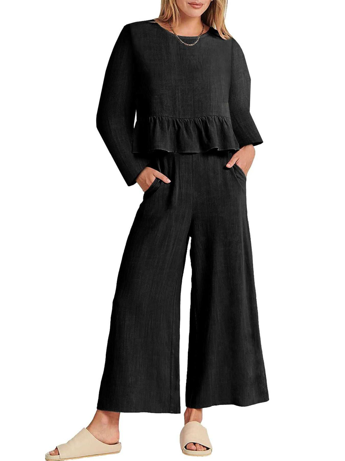 Full Size Ruffled Hem Long Sleeve Top and Pants Set Plus Size 100100344916700 44 Affordable Fashion Under $100 Jerry's Apparel 