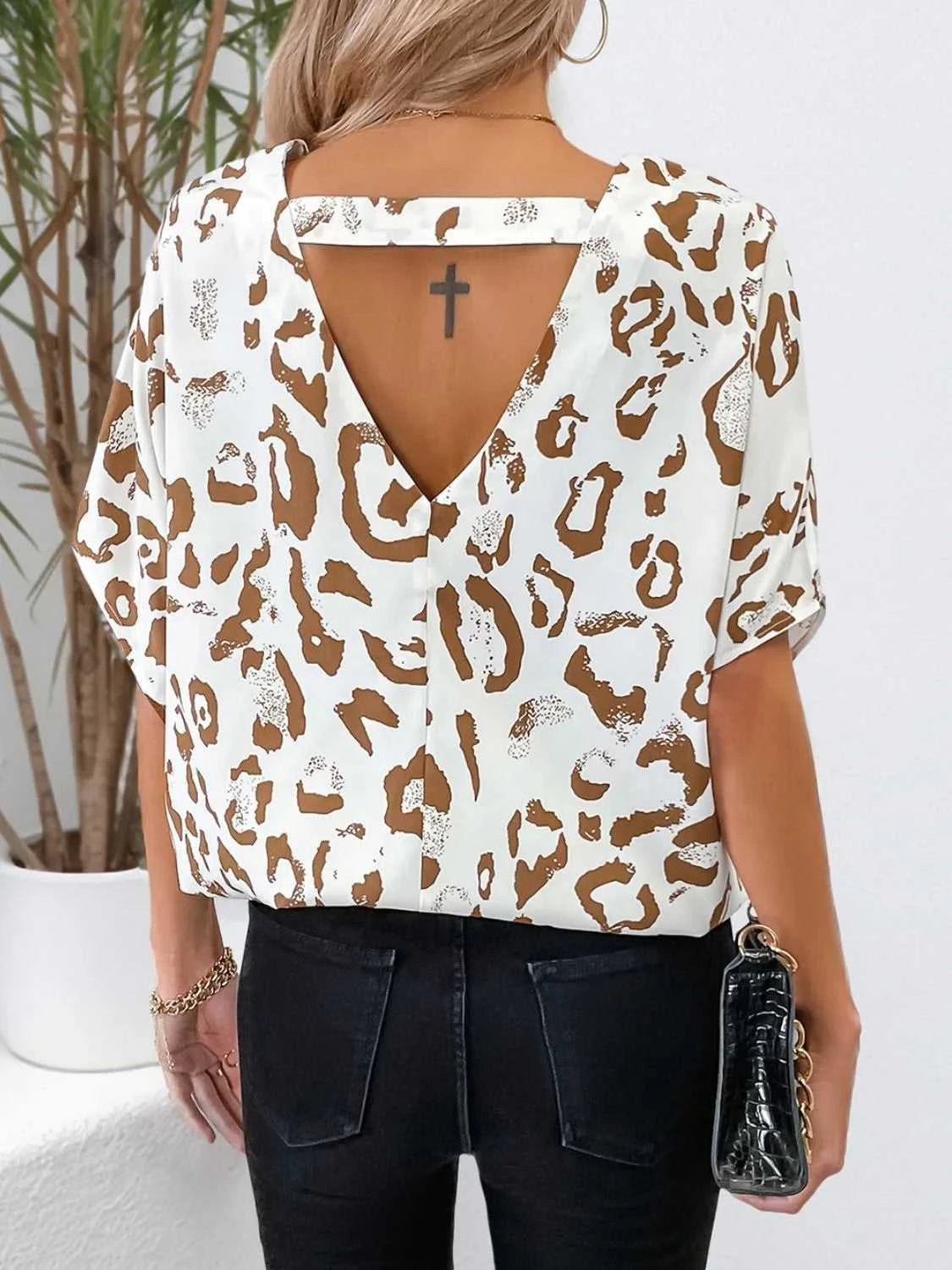 Leopard V-Neck Half Sleeve Blouse 100100146041001 20 Affordable Fashion Under $100 Jerry's Apparel 