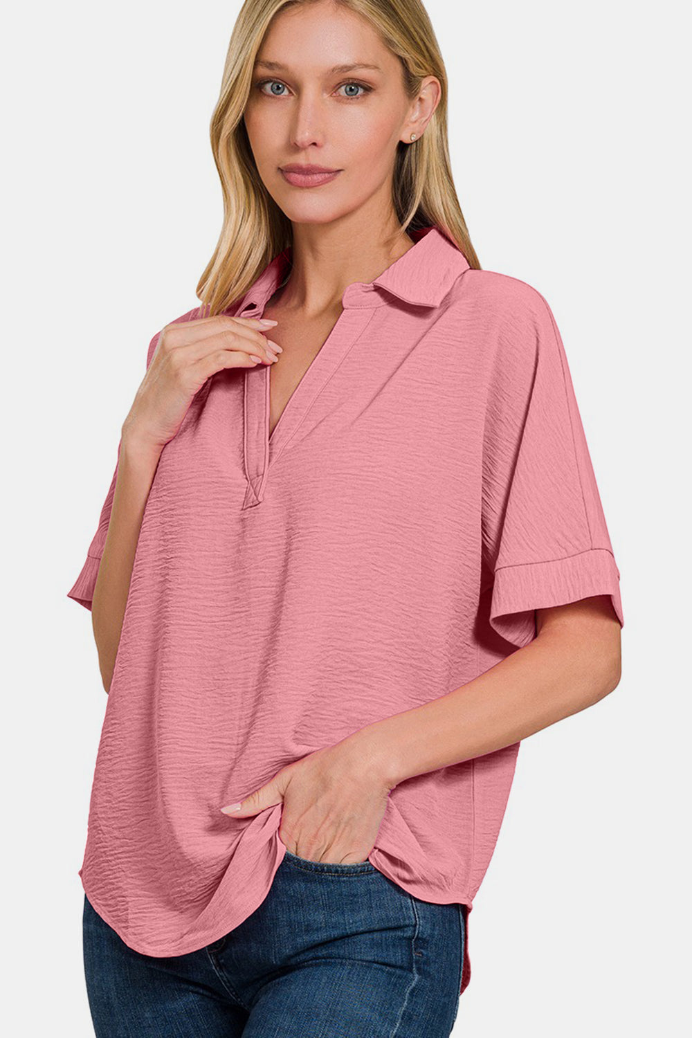 Texture Collared Neck Short Sleeve Top