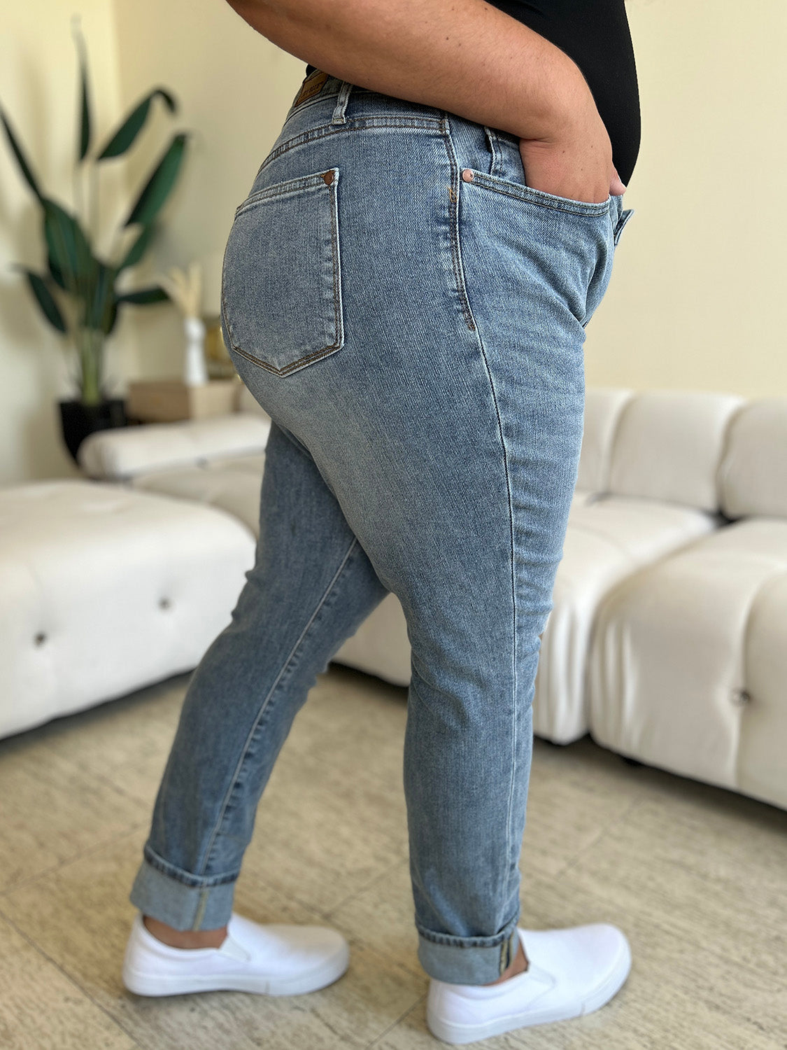 Full Size High Waist Cuff Hem Skinny Jeans