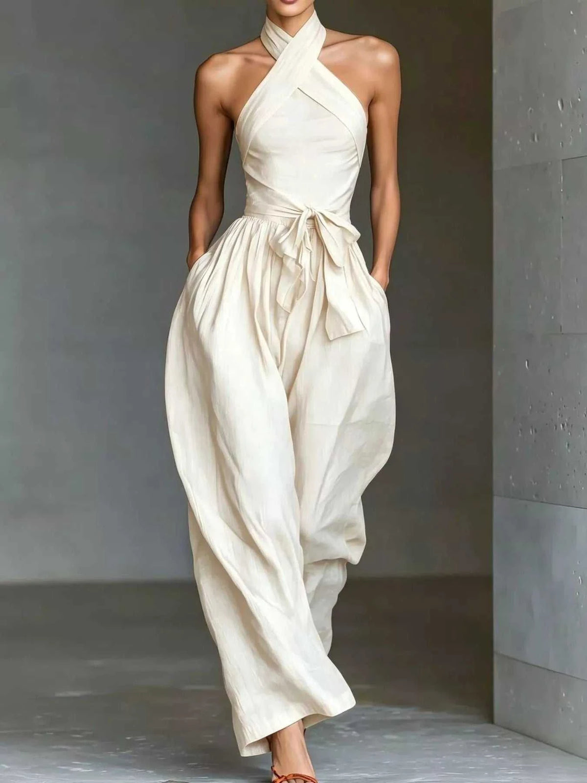 Halter Neck Wide-Leg Jumpsuit with Waist-Tie Detail 101001566820821 48 Affordable Fashion Under $100 Jerry's Apparel 