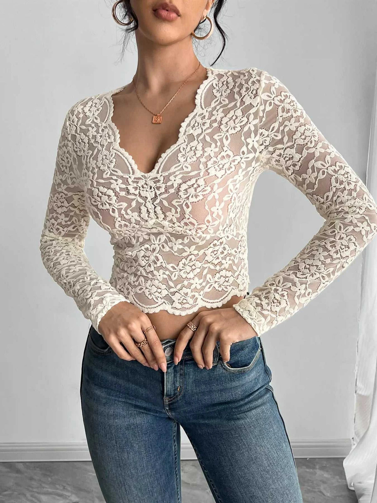 Elegant Lace V-Neck Long Sleeve Top 100100005580872 26 Affordable Fashion Under $100 Jerry's Apparel 