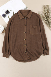 Waffle-Knit Button Up Long Sleeve Shirt with Pocket