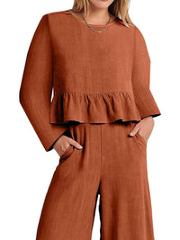 Full Size Ruffled Hem Long Sleeve Top and Pants Set Plus Size 100100344916700 44 Affordable Fashion Under $100 Jerry's Apparel 