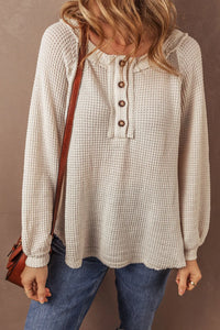 Waffle-Knit Half Button Round Neck Long Sleeve Top