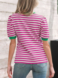 Stripe Short Puff Sleeve Contrast Trim Round Neck Tee 100100342745480 30 Affordable Fashion Under $100 Jerry's Apparel 