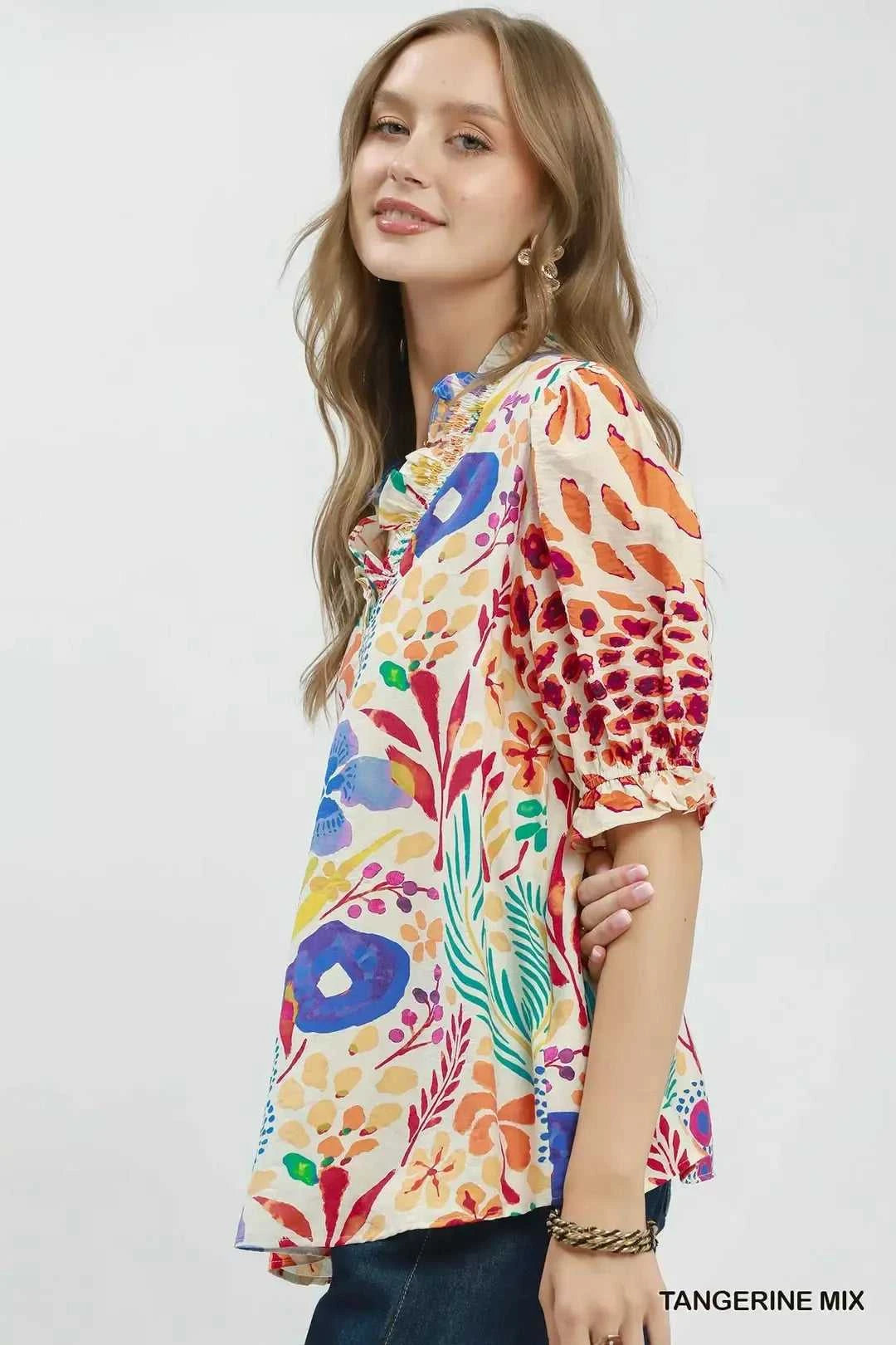 Umgee V-Neck Ruffle Trim Puff Sleeve Top 100100274951331 49 Affordable Fashion Under $100 Jerry's Apparel 