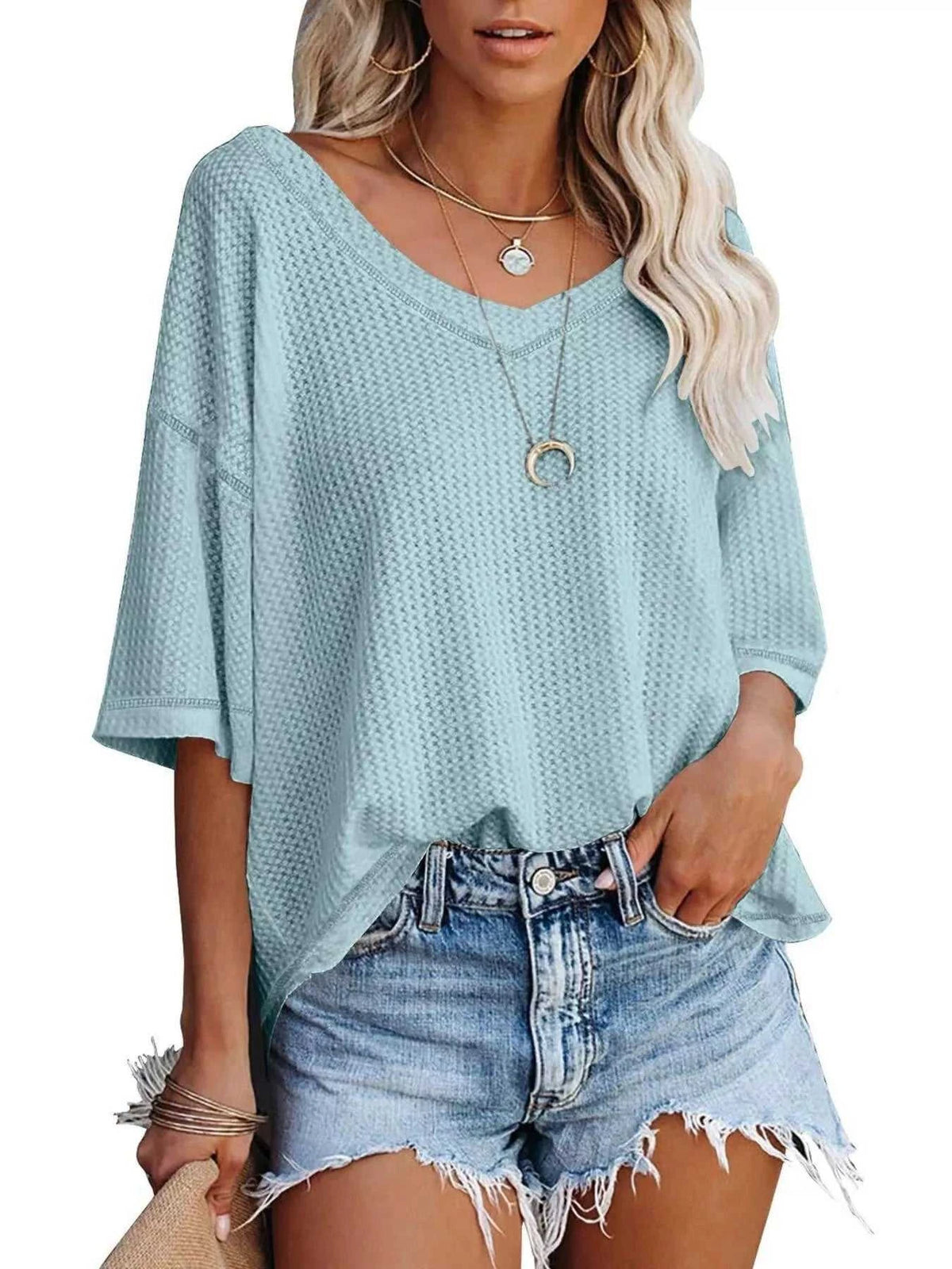 Waffle Knit V-Neck Short Sleeve T-Shirt 100100993990875 26 Affordable Fashion Under $100 Jerry's Apparel 