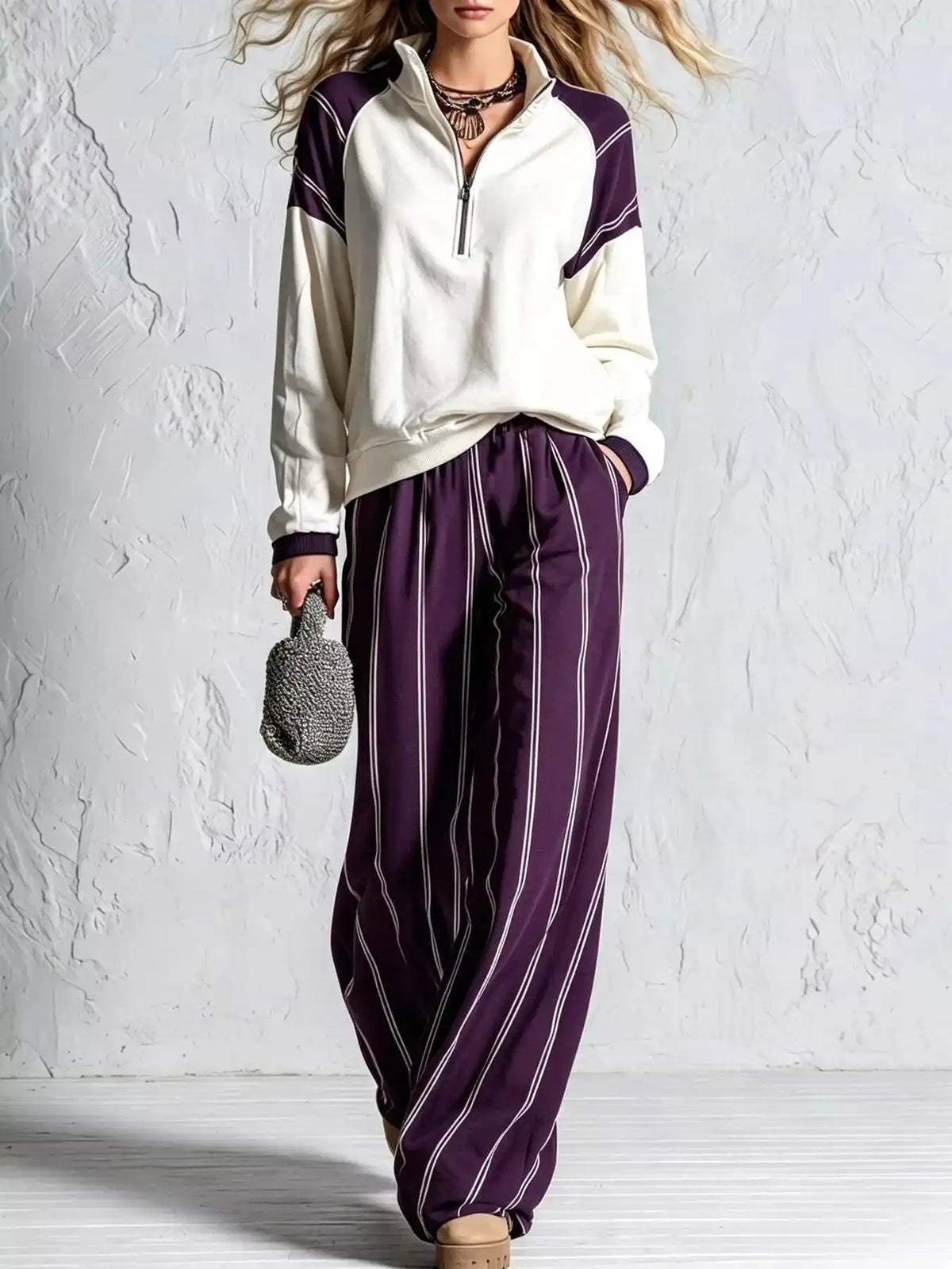Quarter-Zip Sweatshirt and Striped Wide-Leg Pants Set 101001770702210 73 Affordable Fashion Under $100 Jerry's Apparel 