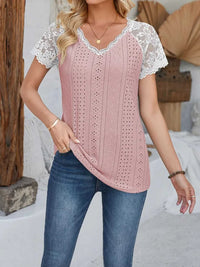 Eyelet Lace Detail V-Neck Short Sleeve Top 100100643487058 23 Affordable Fashion Under $100 Jerry's Apparel 