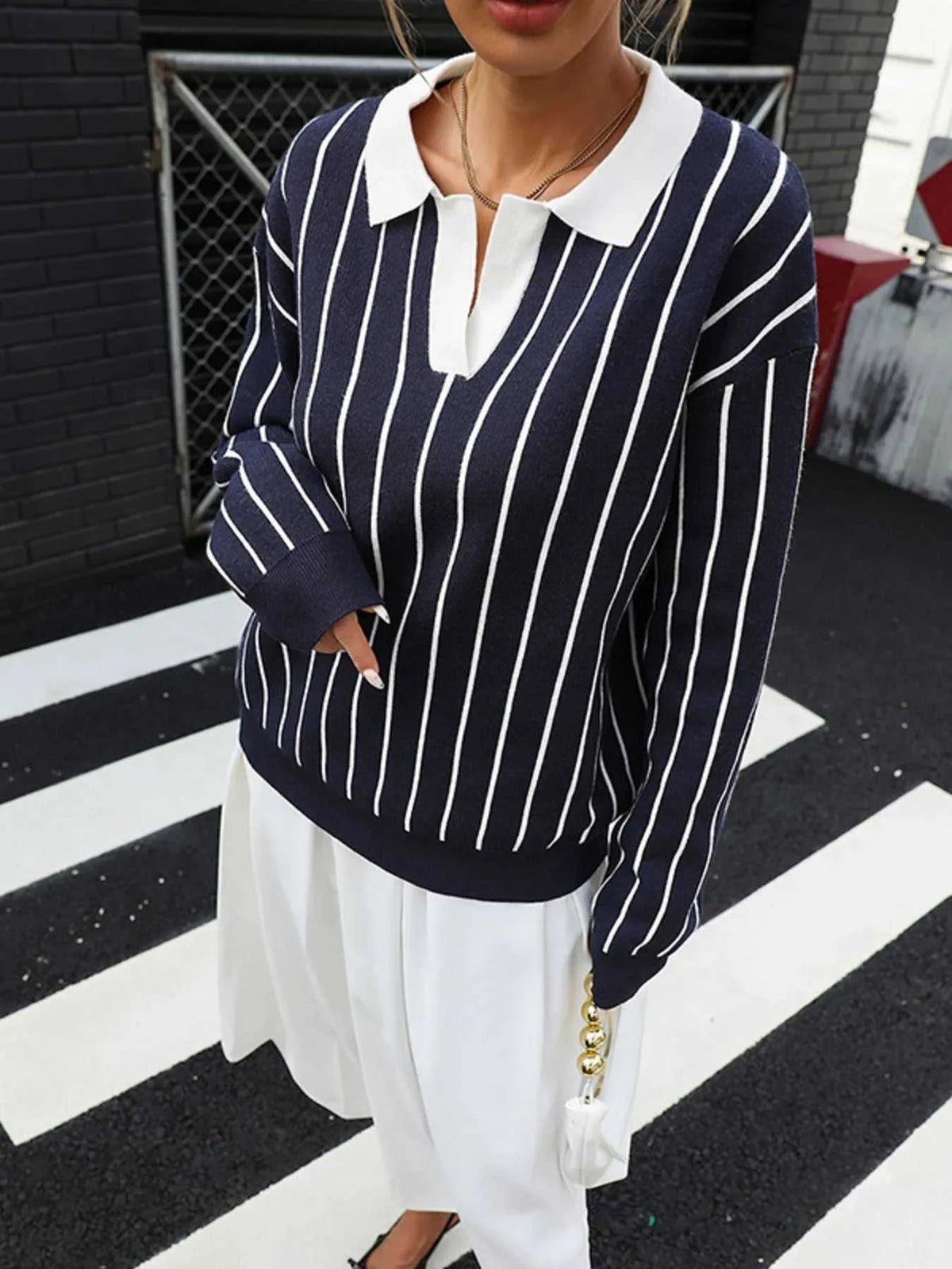 Stripe Contrast Collar Long Sleeve Knit Top 100100552981429 50 Affordable Fashion Under $100 Jerry's Apparel 