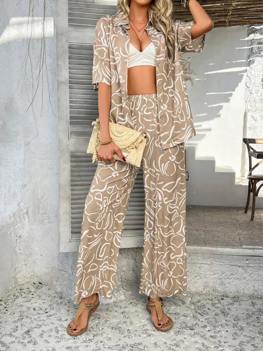 Devine Printed Button Down Shirt and Pants Set 100100774461792 54 Gifts for Her Jerry's Apparel 