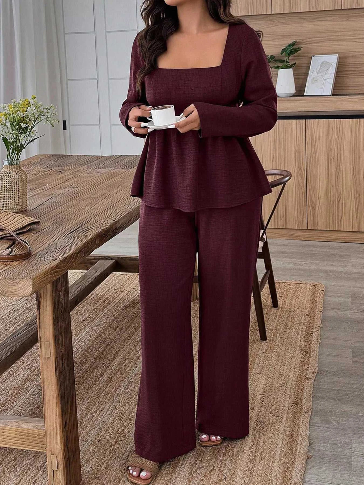 Plus Size Square Neck Long Sleeve Top and Pants Two-Piece Set 100100350212166 38 Affordable Fashion Under $100 Jerry's Apparel 