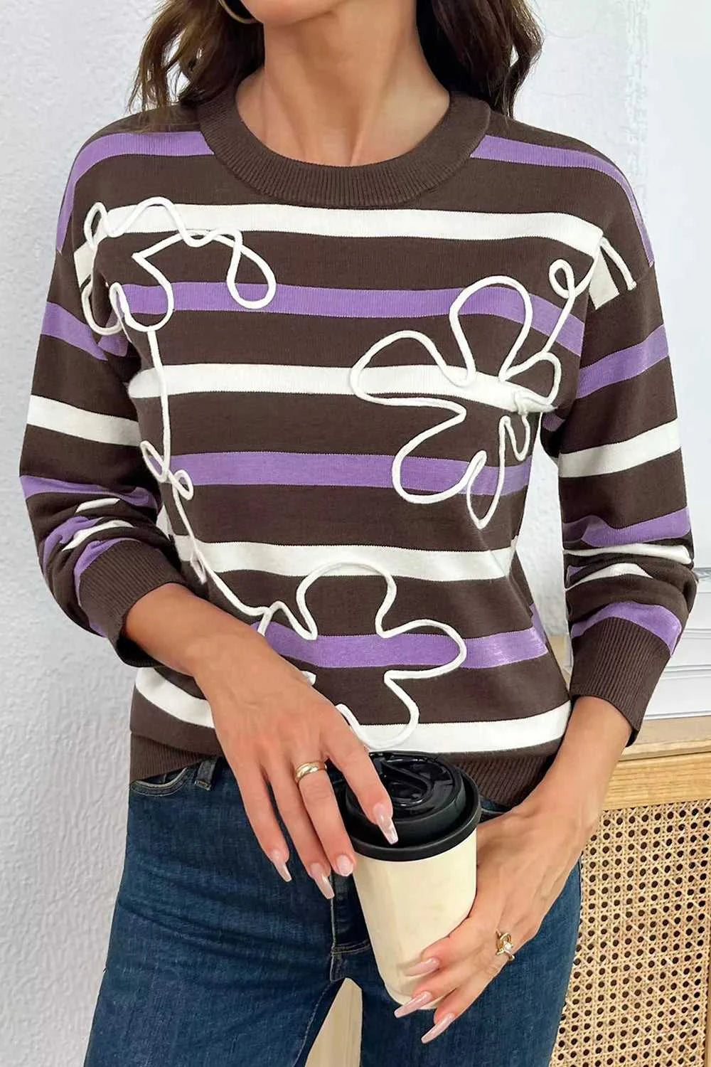 Stripe Embroidered Detail Drop Shoulder Sweater 101002226541726 55 Affordable Fashion Under $100 Jerry's Apparel 